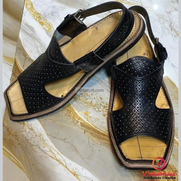 Black Leather Tribal Peshawari Chappal: Traditional Handmade Men’s Footwear main image 8